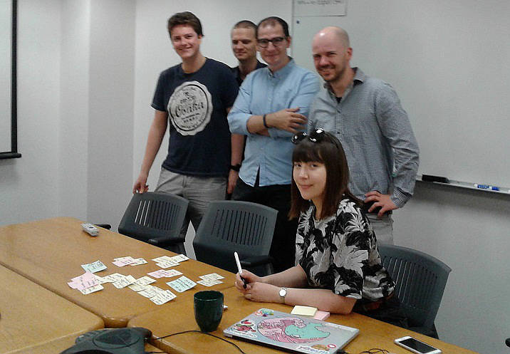 Dan, Jan K., Jay, Rosie, and Jan S. discussing research concepts at ICSI.